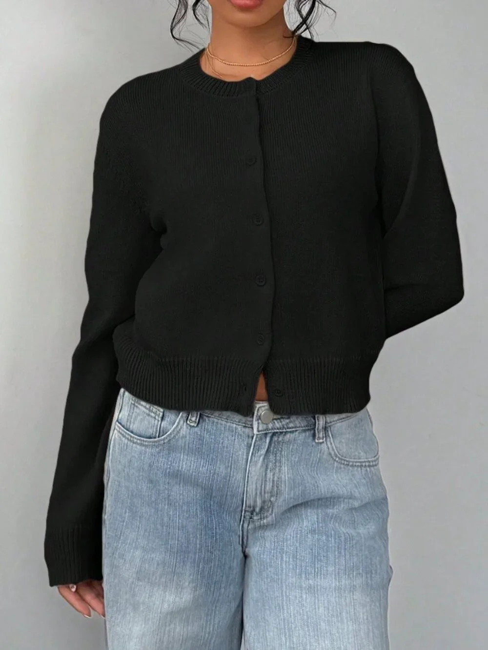 Black Casual Women's Crew Neck Long Sleeve Loose Cropped Cardigan